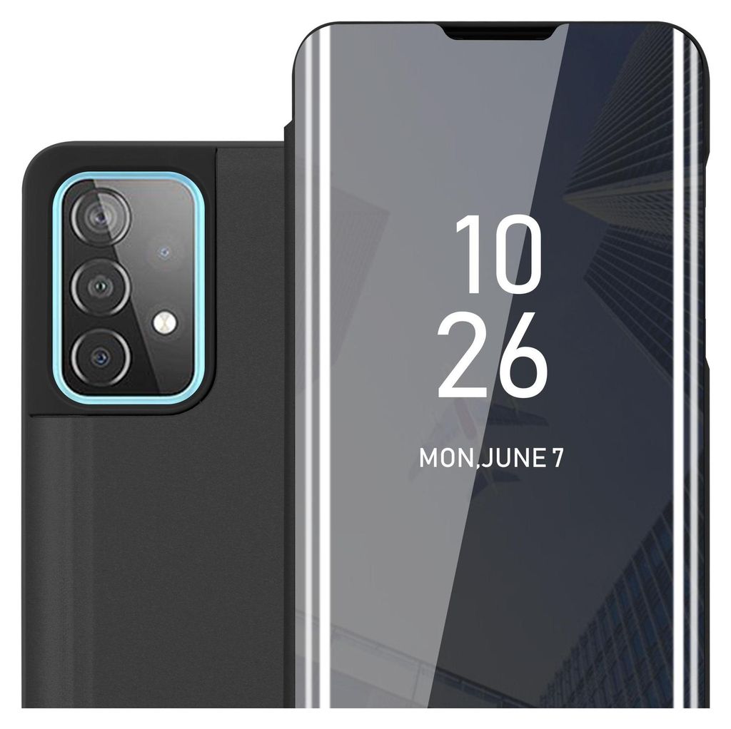 A close-up of a smartphone with a flip case, showing the camera array on the back and the time and date displayed on the screen.