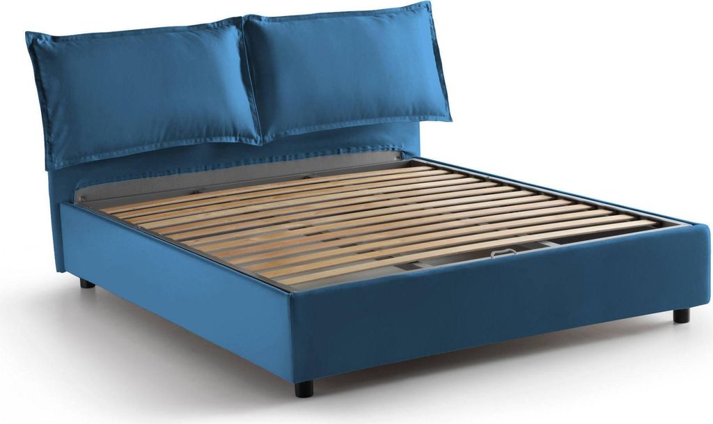 Doppelbett Daam, Containerbett mit Stoffbespannung, 100% Italy, Frontöffnung, passend für Matratze 140x190 cm, Blau