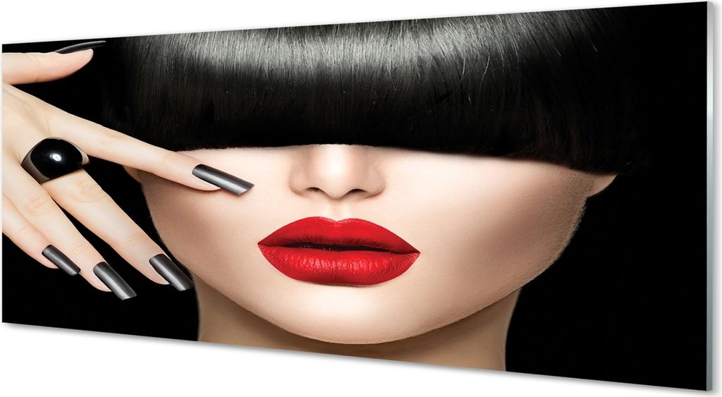 Glasbilder 125x50 Wandkunst Frau Pony rote Lippen