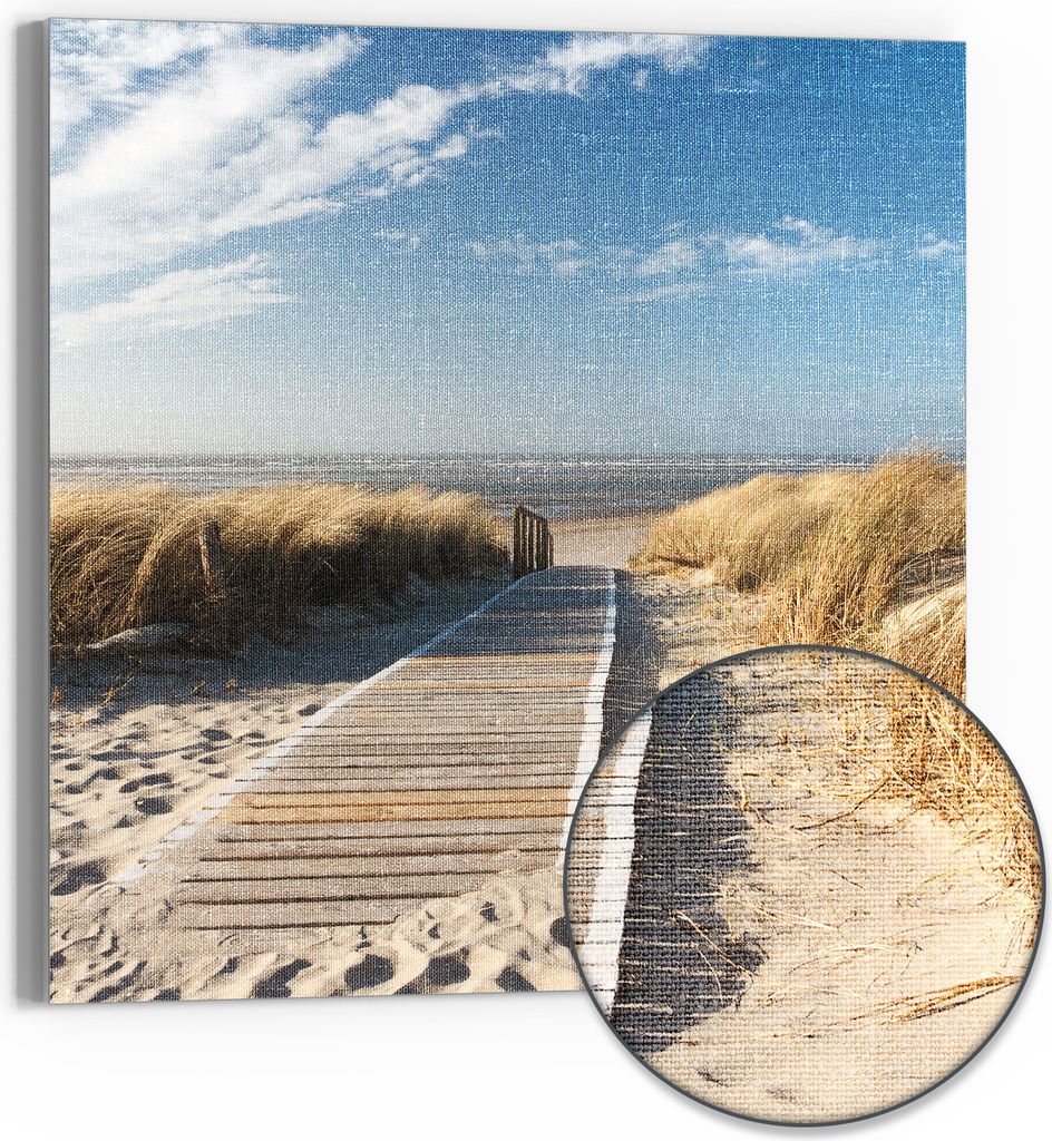 DEQORI Hybrid Leinwand Bild 50x50 cm 'Strandaufgang am Meer' Wandbild Glas flach modern