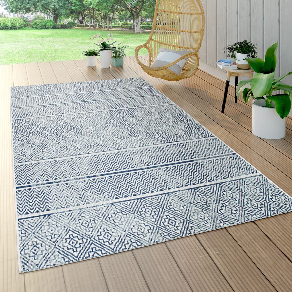 Outdoor Teppich Wetterfest Balkon Küche Vintage Modern Marokkanisch Blau Creme Grösse 80x150 cm