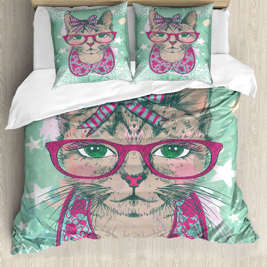 ABAKUHAUS Karikatur Bettbezugs Set Für Doppelbetten, Hipster Brillen Katze, Milbensicher Allergiker geeignet mit Kissenbezügen, Mintgrün Pink Ma...