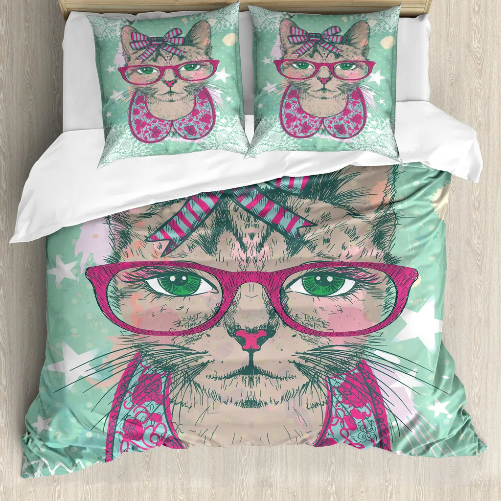 Linge de lit chat hipster pour chambre double déco moderne vert et rose
