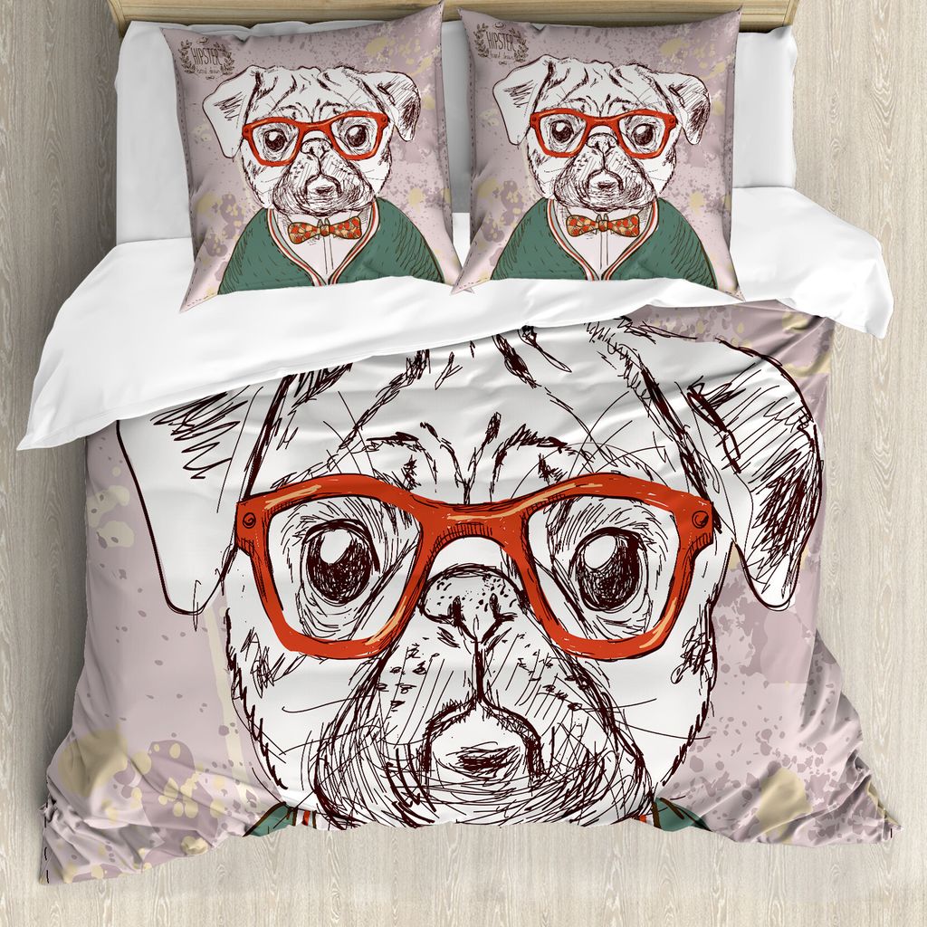 ABAKUHAUS Hund Bettbezug, Vintage Hipster Mops, Milbensicher Allergiker geeignet mit Kissenbezügen, 155 cm x 220 cm - 80 x 80 cm, Mehrfarbig