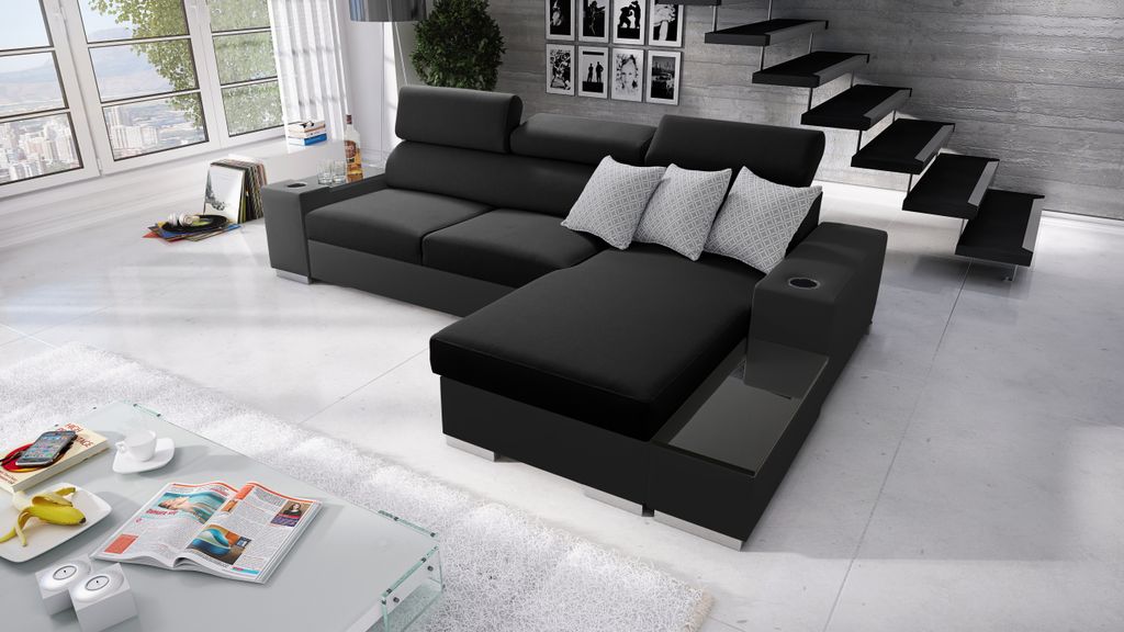Ecksofa mit Schlaffunktion Eckcouch PERS I MINI Sofa (Schwarz SAWANA 14 + schwarzes Kunstleder, Rechts)