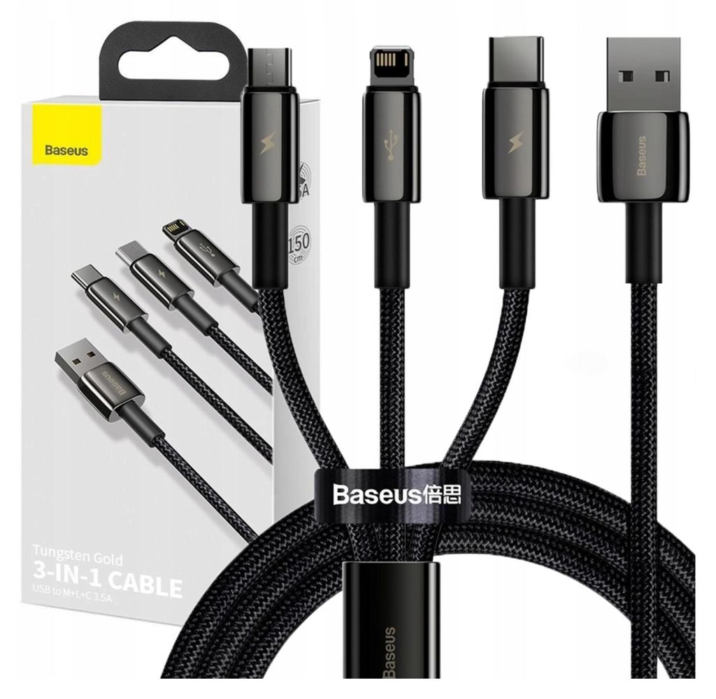 Baseus Tungsten Gold Câble USB 3-en-1 USB 2.0 1,5 m USB A Image du produit 