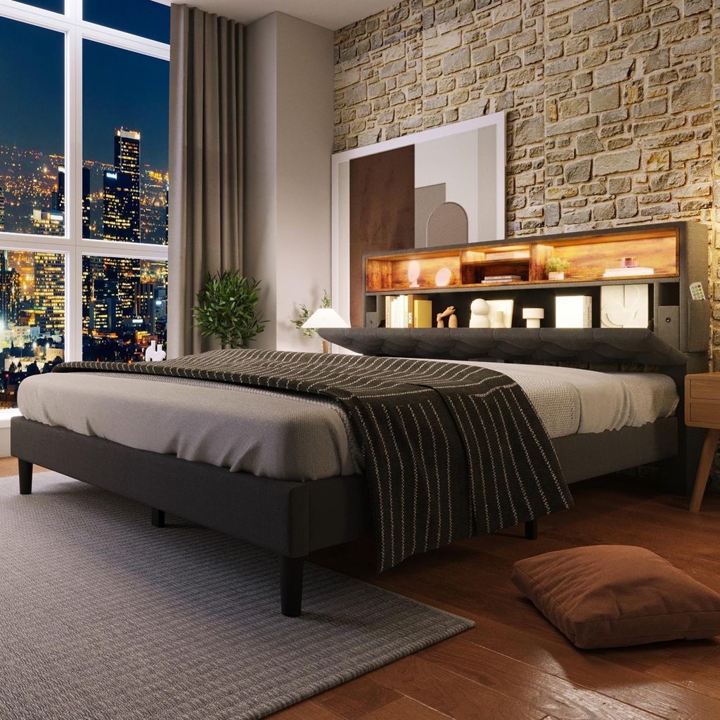 Polsterbett Doppelbett Stauraum-Kopfteil Bett mit LED-Beleuchtung Bettgestell Lattenrost aus Holz,140*200CM Grau(Ohne Matratze)