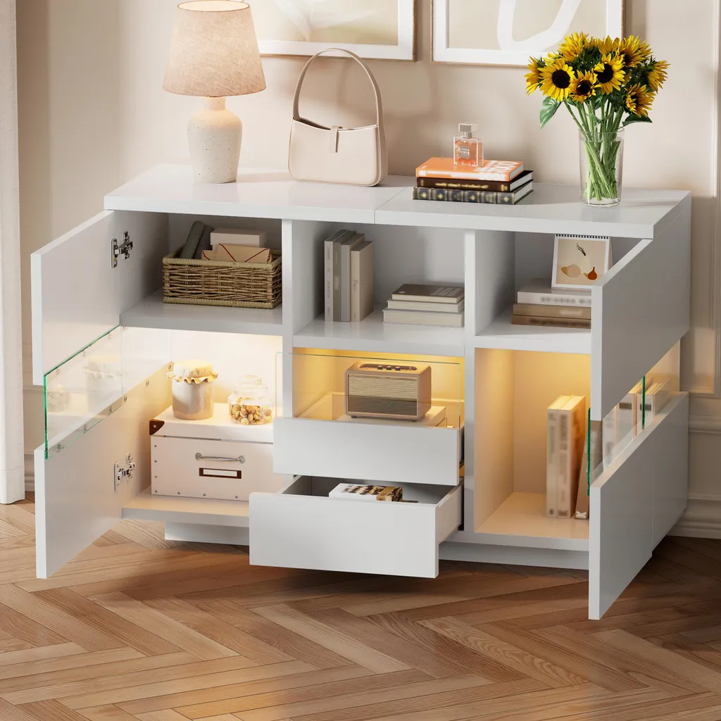 Grand Buffet 140 cm Blanc pour Salon Moderne et Rangement de Vaisselle