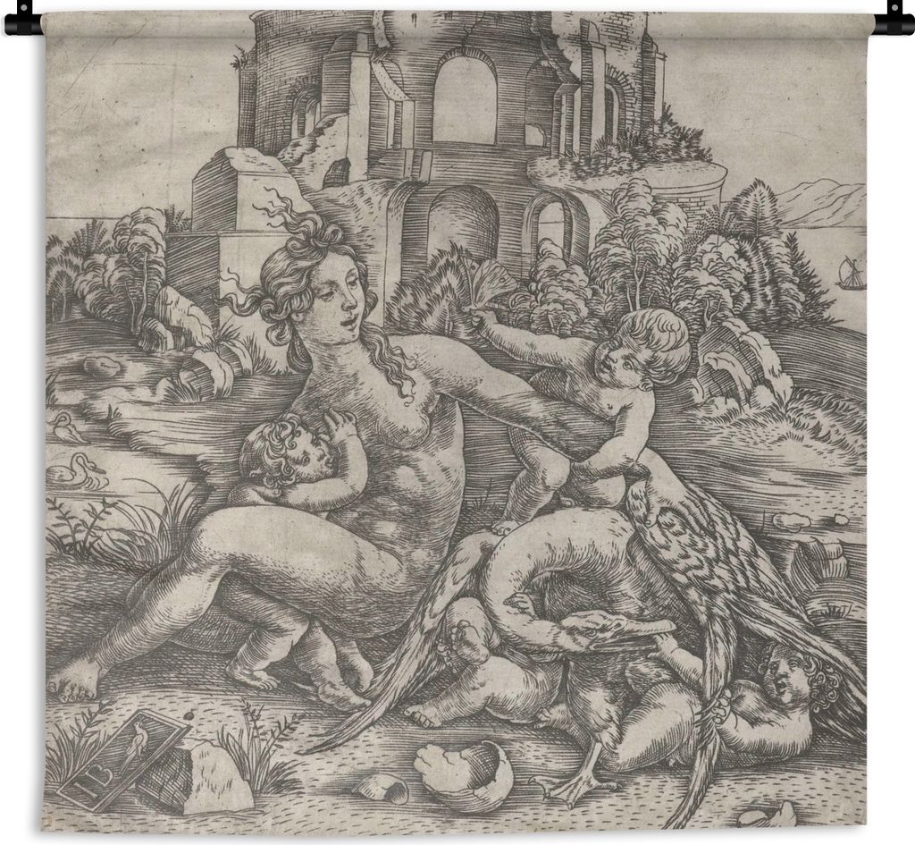 MuchoWow Wandteppich Wandbehang Leda und der Schwan mit ihren vier Kindern - Gemälde von Meister IB mit dem Vogel 150x150 cm Tapisserie Dekorati...