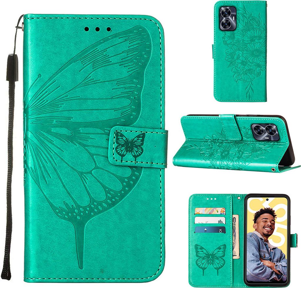 Lederhülle für Realme C55 Schmetterling Prägung Flip Ledertasche Kartenfächer Handyhülle mit Ständer Grün