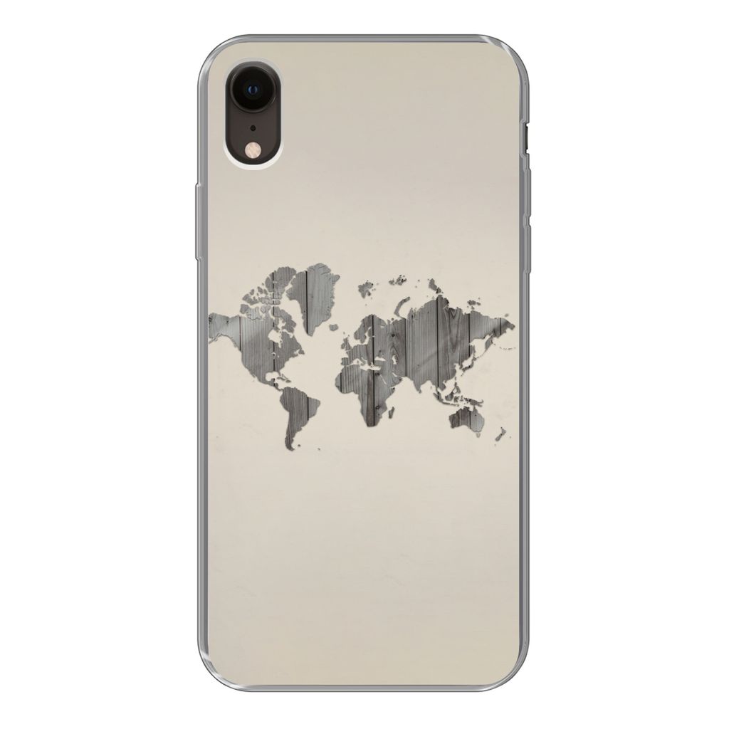 MuchoWow Handyhülle Schutzhülle Hülle für iPhone XR Weltkarte - Holz - Regal Silikon Softcase Handy Hülle - Schutzdeckel