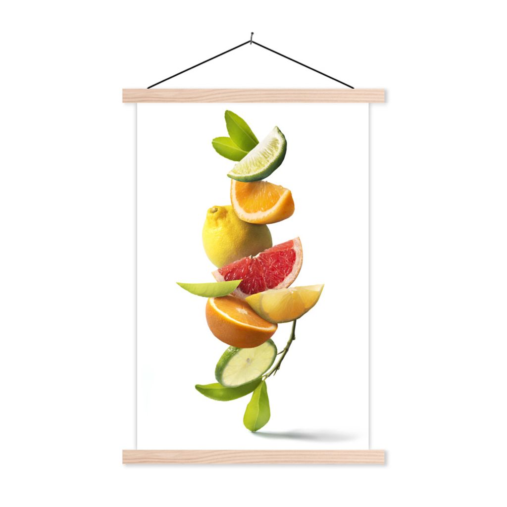 MuchoWow Textilposter Obst - Zitrusfrüchte - Weiß 120x180 cm mit holzfarbenen Rahmen - Textil-Plakat