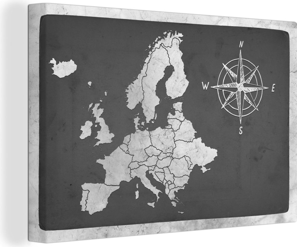 OneMillionCanvasses - Leinwandbilder - 150x100 cm, Vintage Euro-Karte mit Windrose - schwarz und weiß, Wandbilder Kunstdruck Wanddekoration