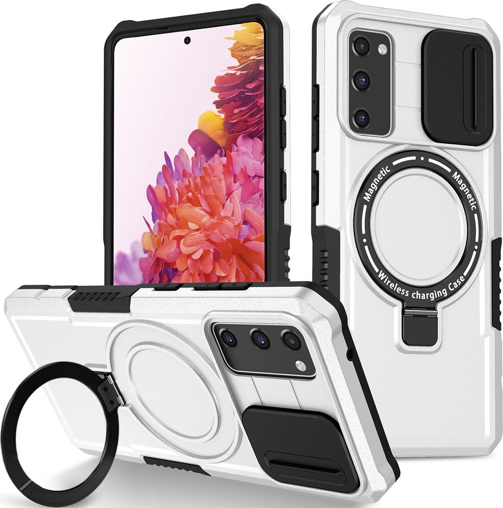 Handyhülle für Samsung Galaxy S20 FE 5G Kompatibel mit MagSafe, Robuste Hülle mit Schiebe Kamera Schutz, Magnetischer Ringständer Weiß