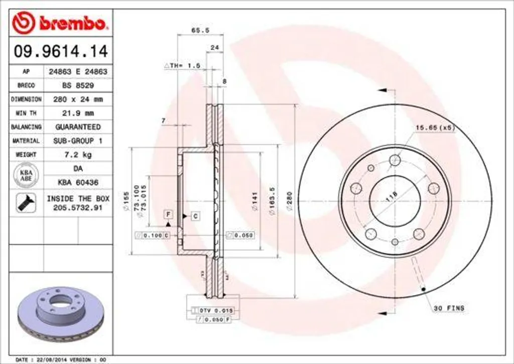 Disque de frein pour Peugeot Boxer Brembo 09.9614.14 idéal charge lourde