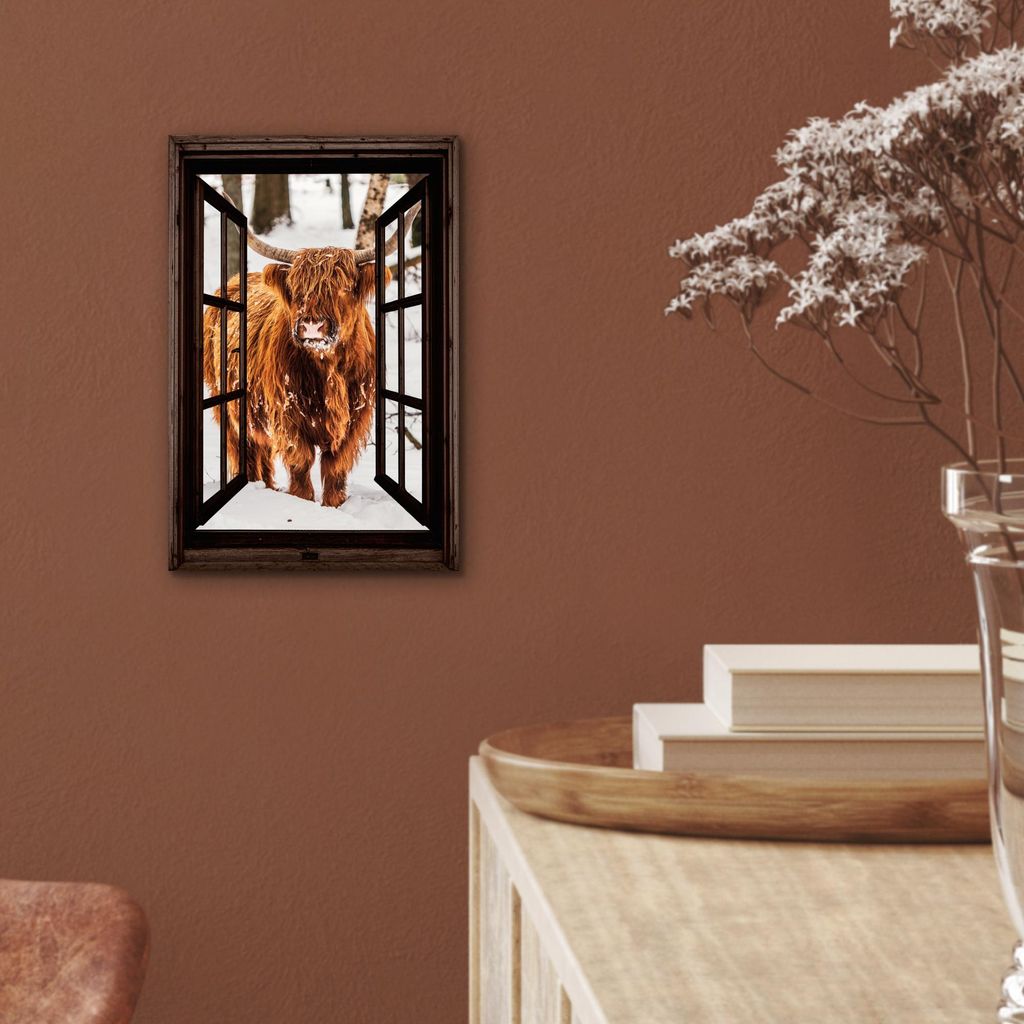 MuchoWow Wanddekoration Metall Metallbild Wandkunst 20x30 cm Schottisches Hochlandrind - Schnee - Natur - Tiere - Durchsichtig - Winter MuchoWow Al...