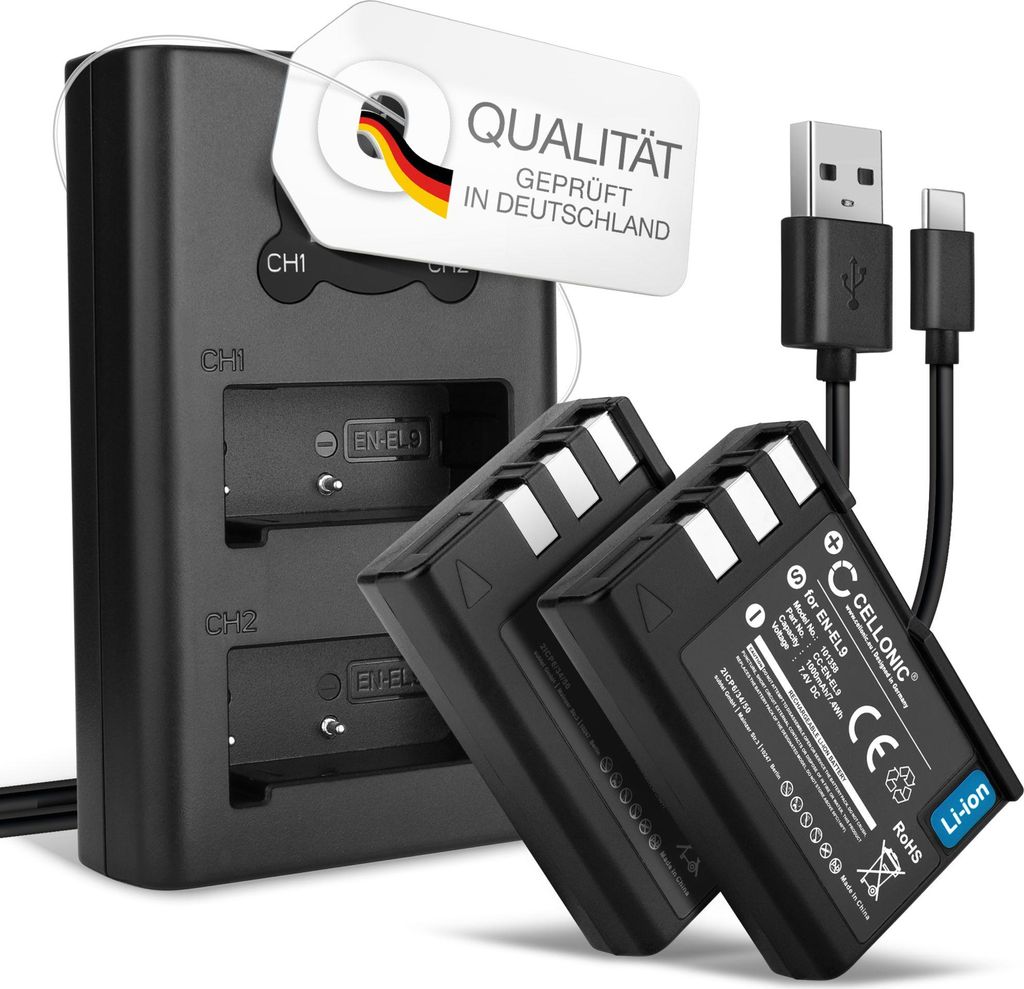 CELLONIC 2x Akku für Kamera Kompatibel mit Nikon D3000, D5000, D40, EN-EL9 - (1000mAh , 7.4V) + Dual Ladegerät