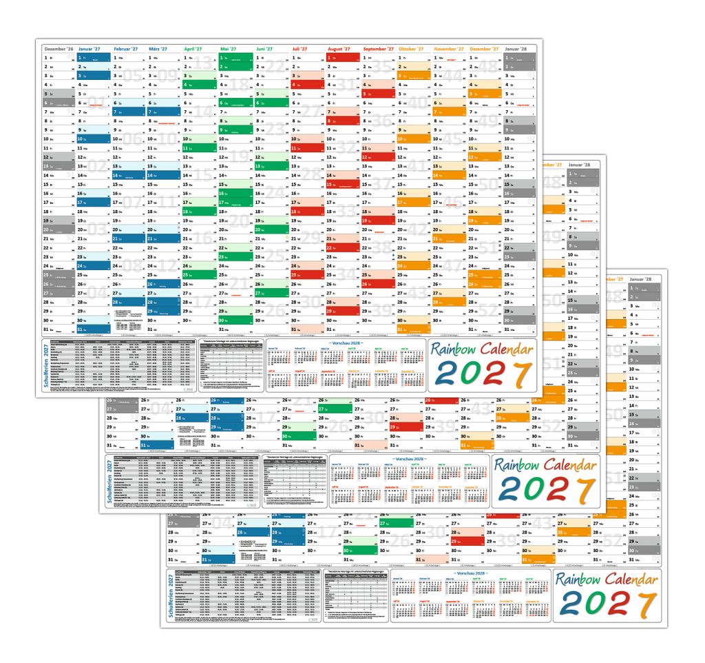 3 Stück Rainbow Wandkalender / Wandplaner 2027 (gerollt) DIN A0 Format (841 x 1189 mm) 14 Monate, komplette Jahresvorschau Folgejahr und Ferienter...