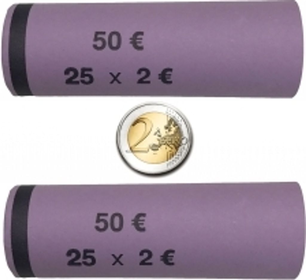 Two coin rolls and a single 2 Euro coin.