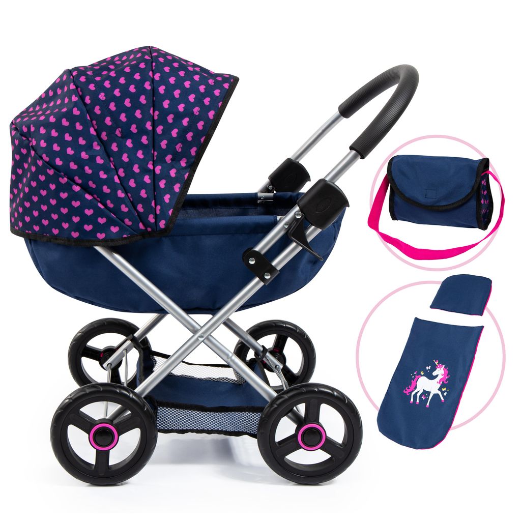 Bayer Design 12754AA Puppenwagen Cosy mit Tasche, Kissen und Decke, blau, rosa, Einhorn