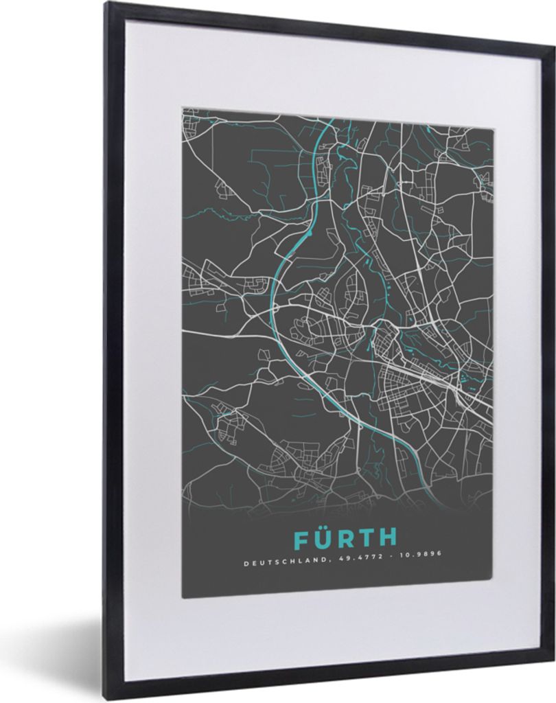 MuchoWow Gerahmtes Poster Stadtplan - Karte - Fürth - Blau - Deutschland - Karte 30x40 cm - Poster mit Schwarzem Bilderrahmen Wandposter Rahmen ...