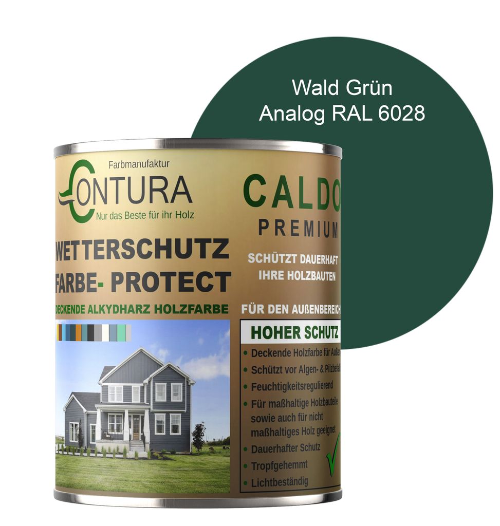 Contura 1Liter Wetterschutzfarbe Holz Dauerschutzfarbe Deckend Buntlack Holzfarbe Holzlasur Seidenmatt - Wald Grün - RAL 6028 Analog