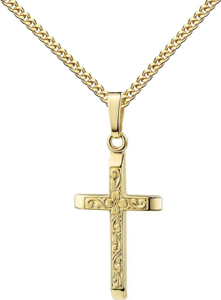 Kreuz Anhänger Gold 585 mit filigranem Blumenornament. Mit Kette 70 cm