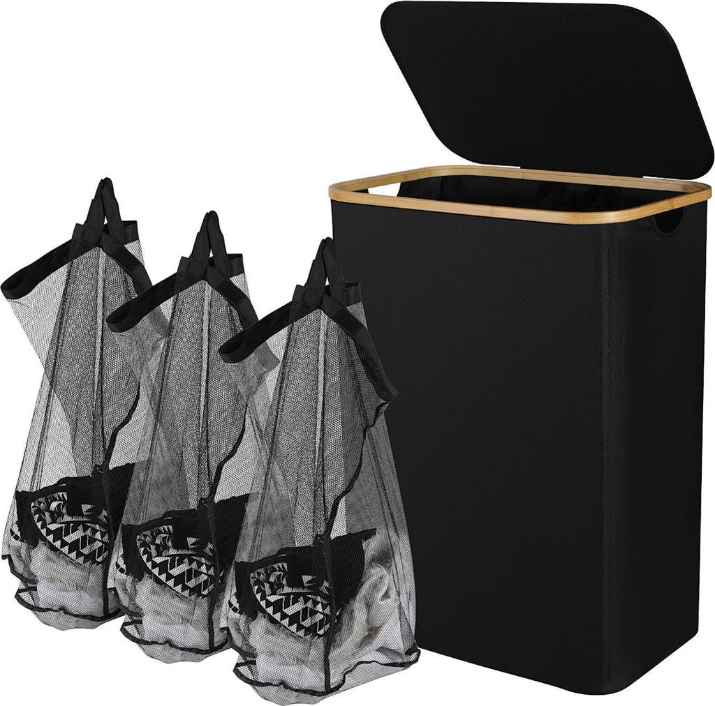 Faziango Wäschekorb mit Deckel, Faltbar Wäschebox Wäschetruhe Wäschetonne, Wäschesammler mit herausnehmbaren Wäschesäcke,schwarz 160 Liter E...