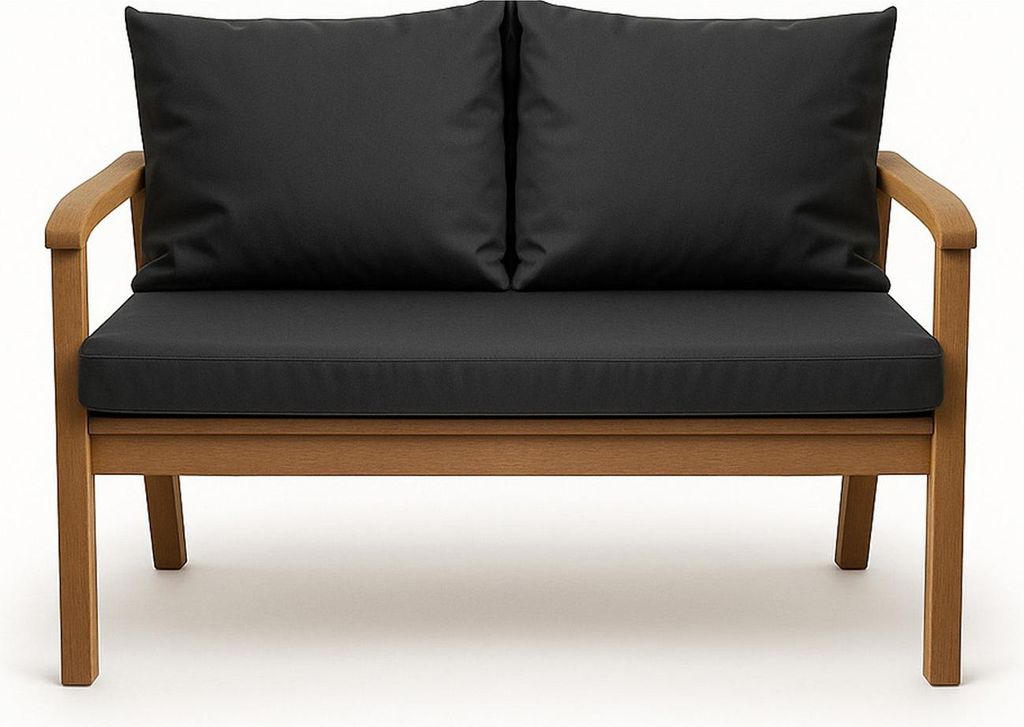 A studio shot of a two-seater outdoor sofa with black cushions.