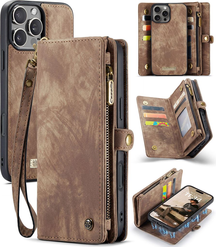 Caseme Handy Tasche für iPhone 16 Pro - Schutzhülle Geldbeutel + Etui KlappHülle Kunstleder Braun