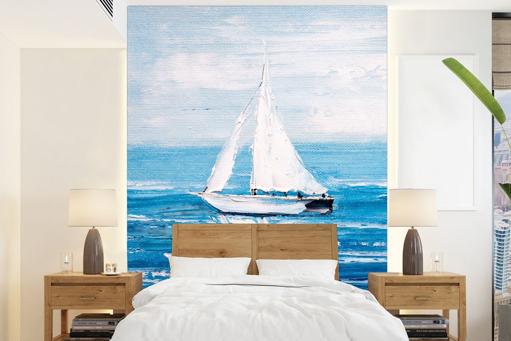 MuchoWow Fototapete für Wohnzimmer oder Schlafzimmer Wandtapete Vinyl Motivtapete Malerei - Ölfarbe - Boot - Wasser - 160x220 cm - Bildschirmhi...