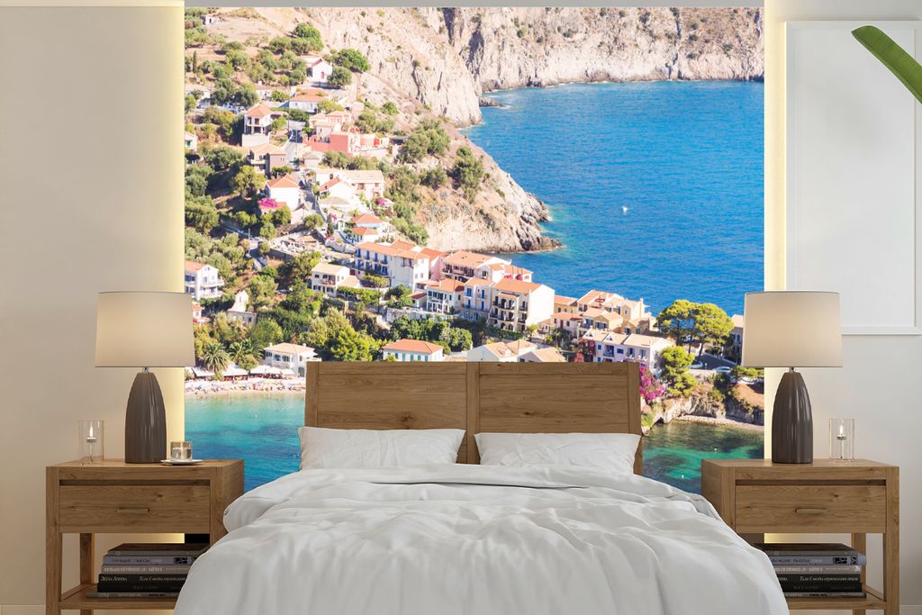 MuchoWow Fototapete für Wohnzimmer oder Schlafzimmer Wandtapete Vinyl Motivtapete Griechenland - Stadt - Meer - 280x280 cm - Hintergrundbild