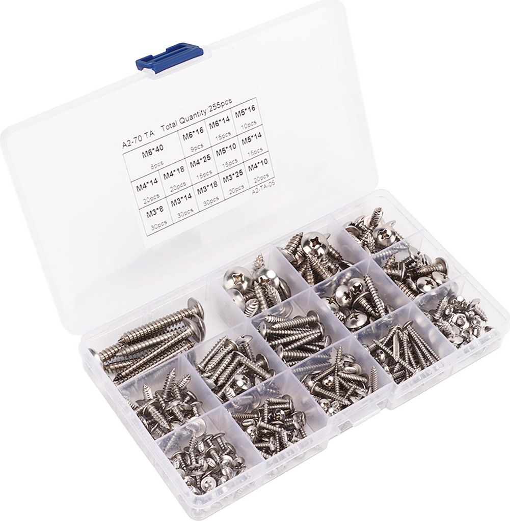 255 Stück selbstschneidende Kreuzschlitzschrauben aus Edelstahl 304, Blechschrauben M3 M4 M5 M6