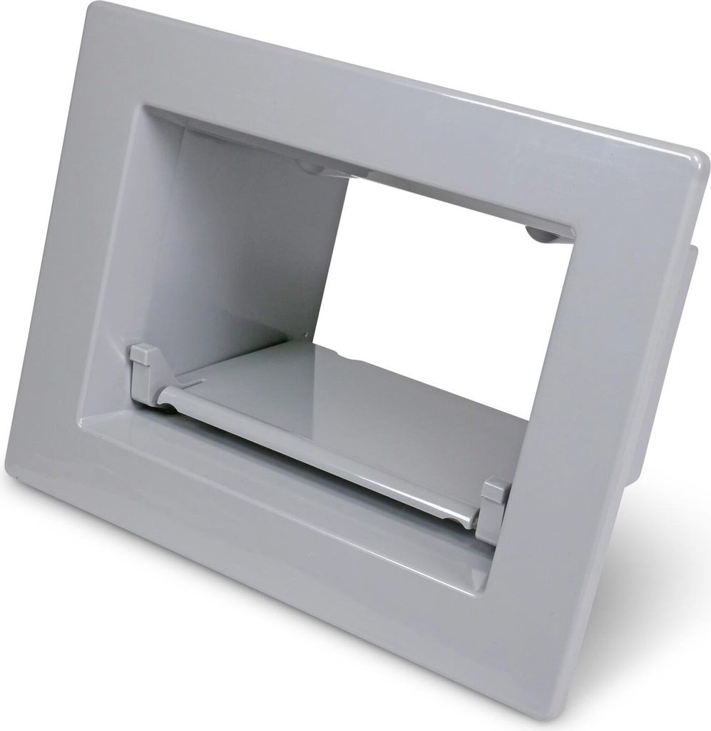 A light gray plastic skimmer insert with a rectangular opening and a shelf-like projection inside.
