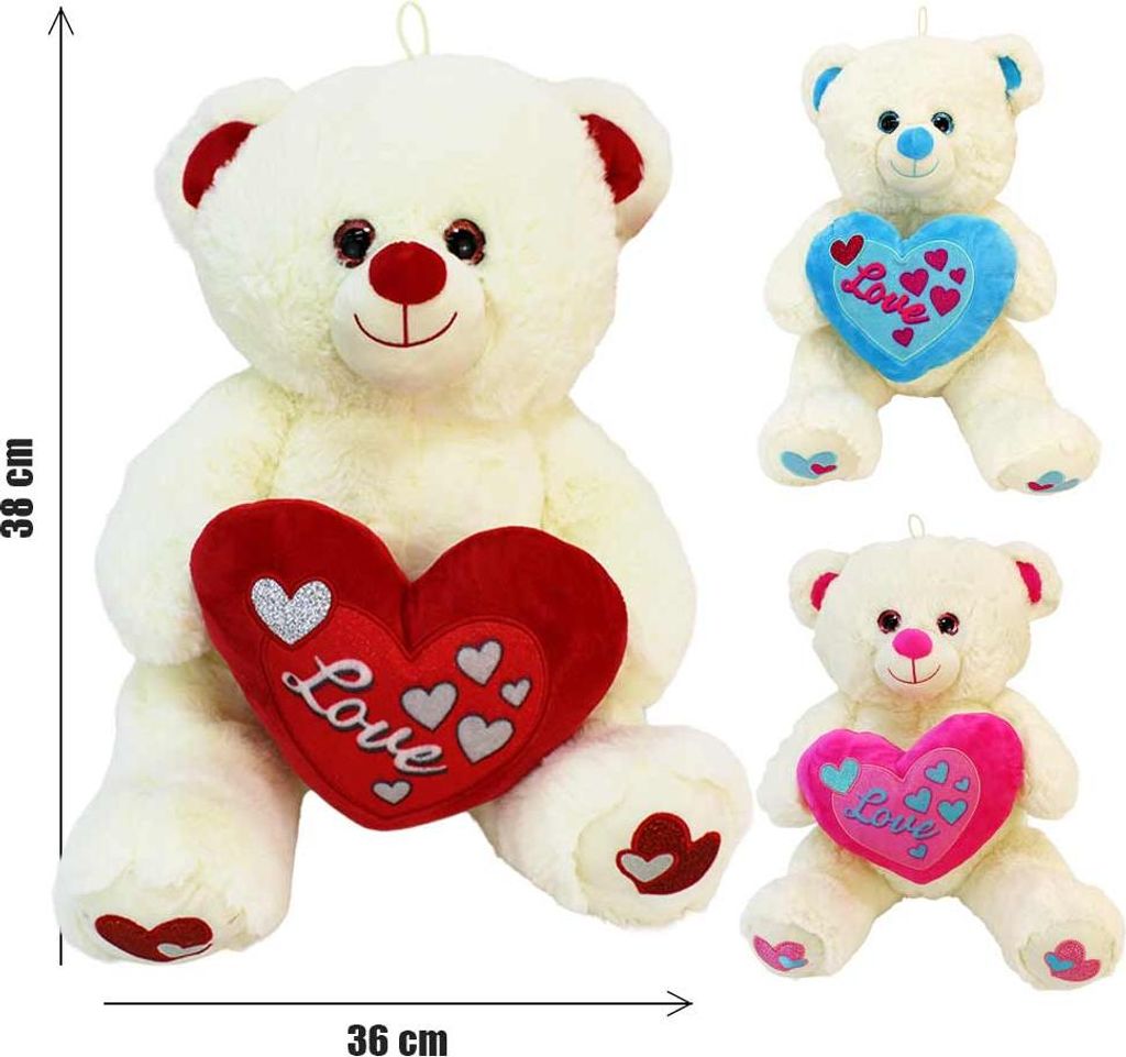 3 Stück Teddy Sortiment mit glitzernden Herzen - ca. 38 cm