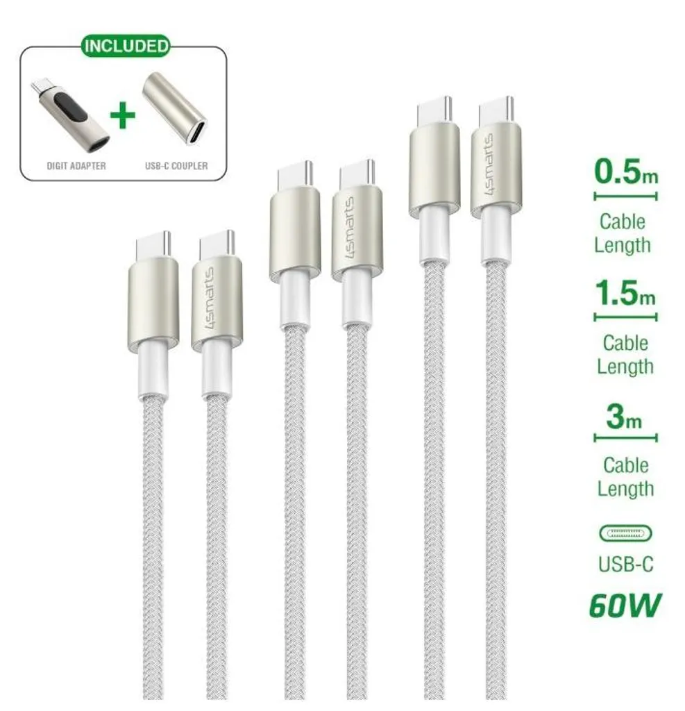 Câble de charge USB-C 60W PremiumCord 4smarts blanc/or kit de transfert