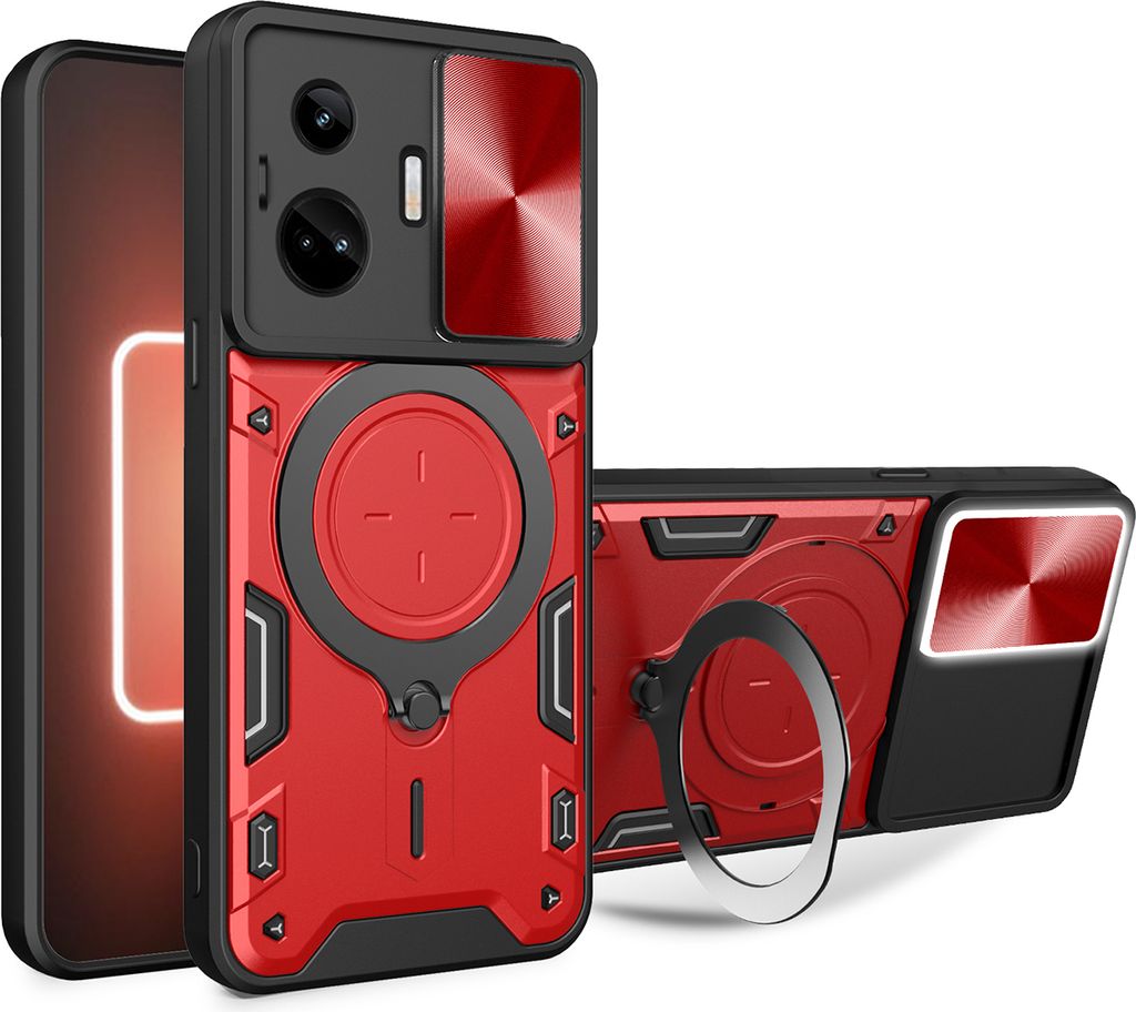 Handyhülle für Realme GT3 / GT Neo 5 Dual-Layer Stoßfest Rüstung Hülle mit Dia Kameraschutz und Kreisförmig Ring Ständer Rot