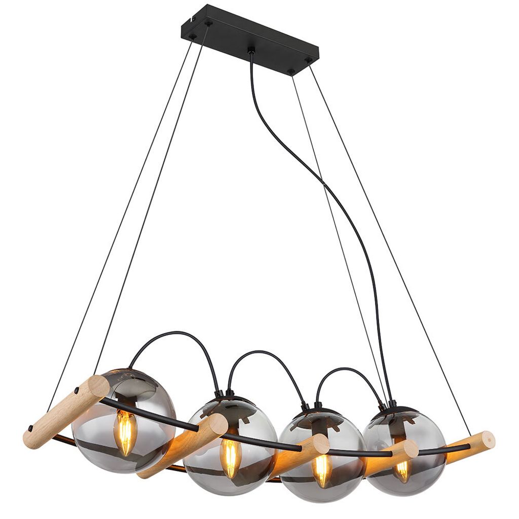 Pendelleuchte, Metall, Schwarz-matt, Glas Rauchfarben, 75cm