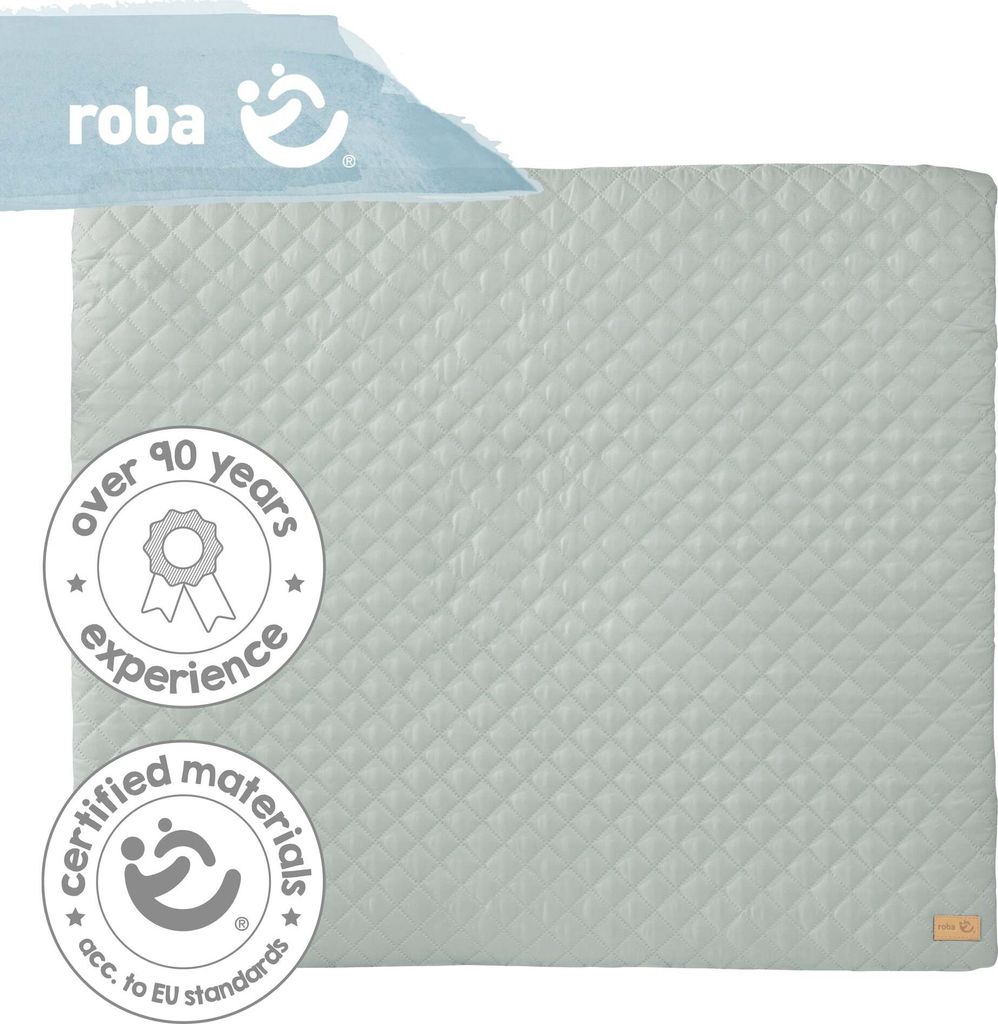 A quilted baby changing pad with brand logos and certification badges.