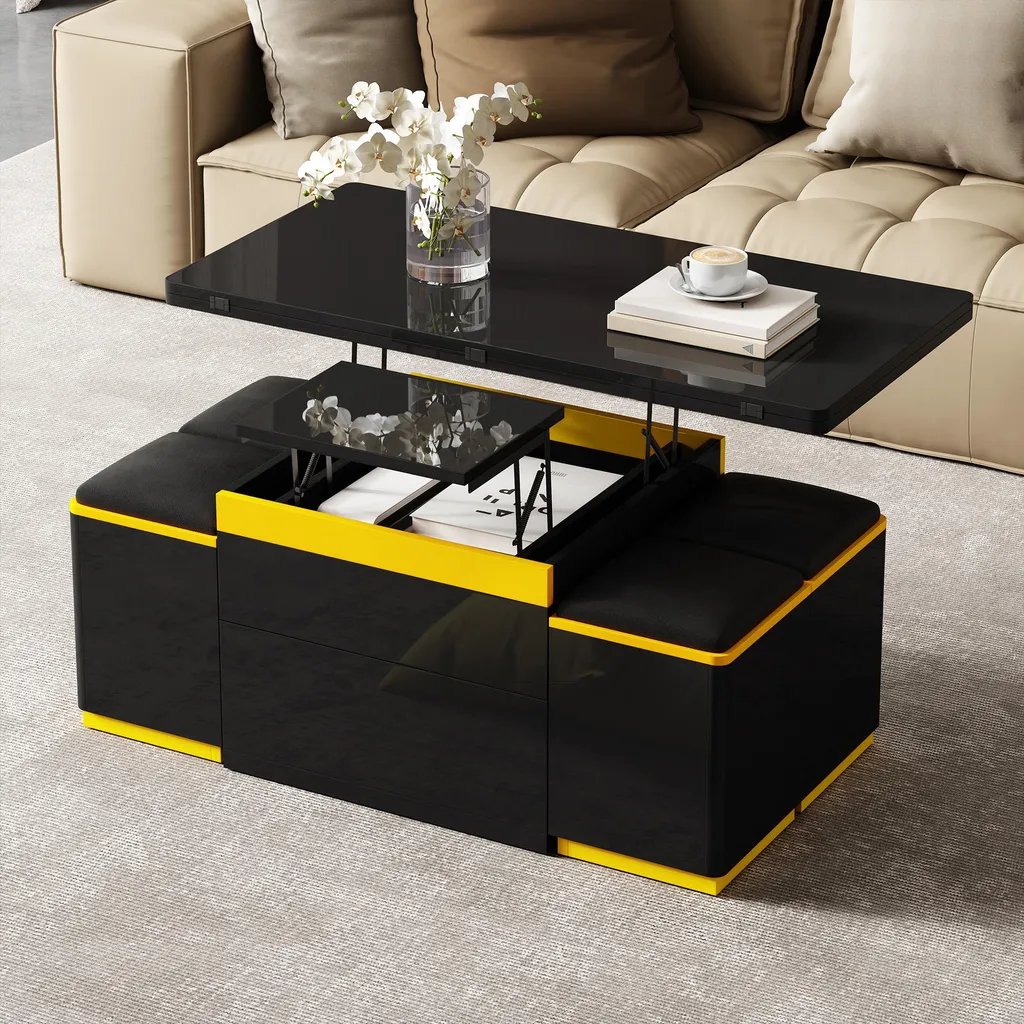 Table Basse Relevable et Extensible Noir Brillant avec 4 Tabourets