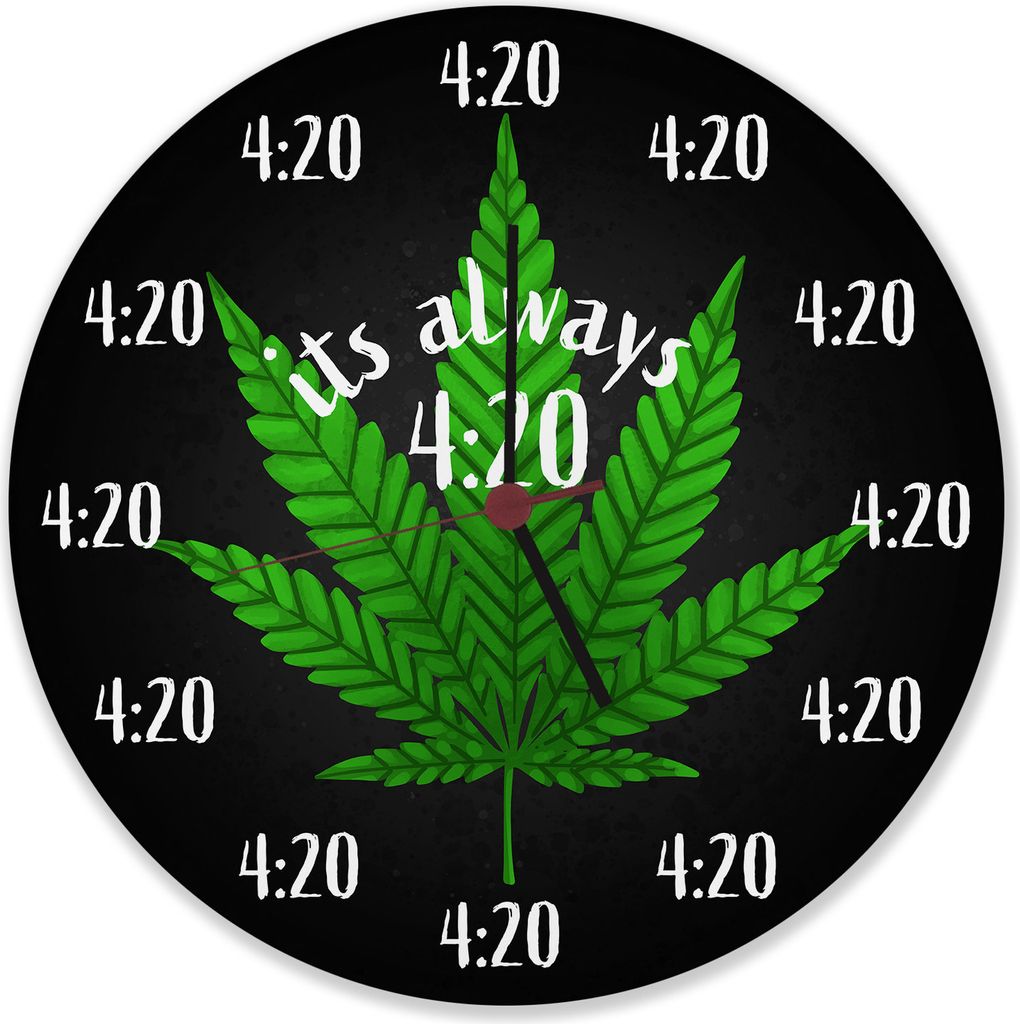 A clock with a cannabis leaf design and the text 'It's always 4:20'.