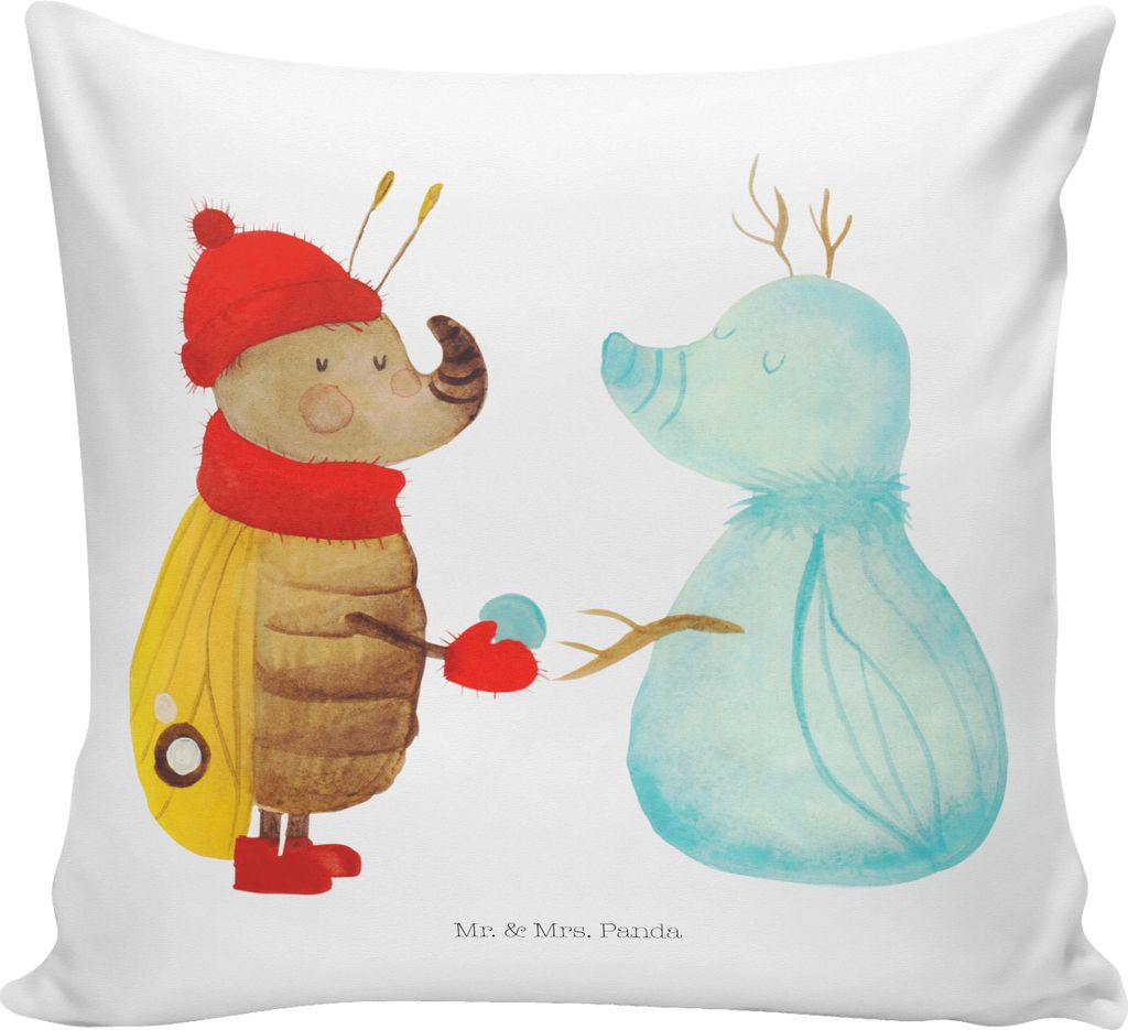 Mr. & Mrs. Panda Kissen 40x40 Nachtfalter Schneemann - Weiß - Geschenk, Bedrucktes, Weihnachten, Winter, Dekokissen, Weihnachtsgruß, kuschelkisse...