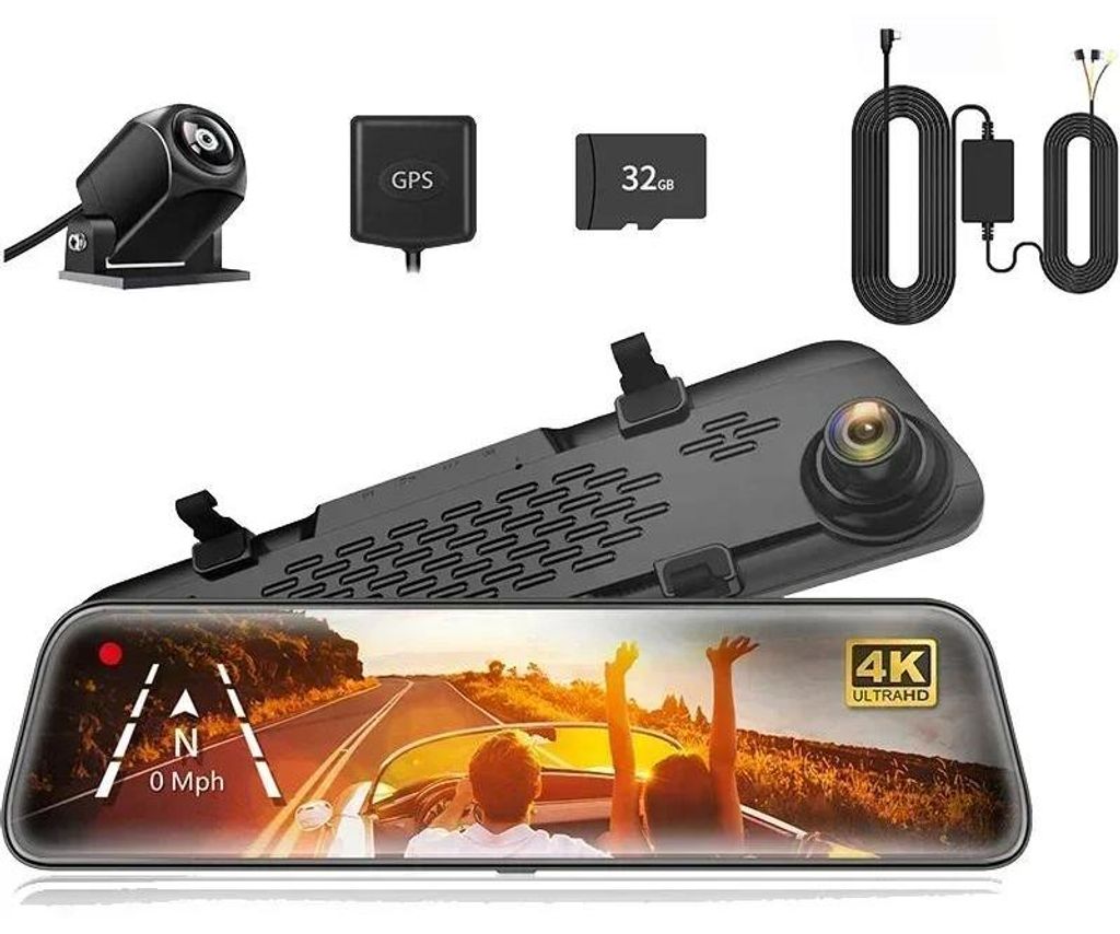 Auto Dashcam - Rückspiegel Dashcam - 30,5 cm IPS Touchscreen - 4K vorn + 1080p hinten - GPS mit Geschwindigkeit & Koordinaten - Hardwire-Kit - Weiß