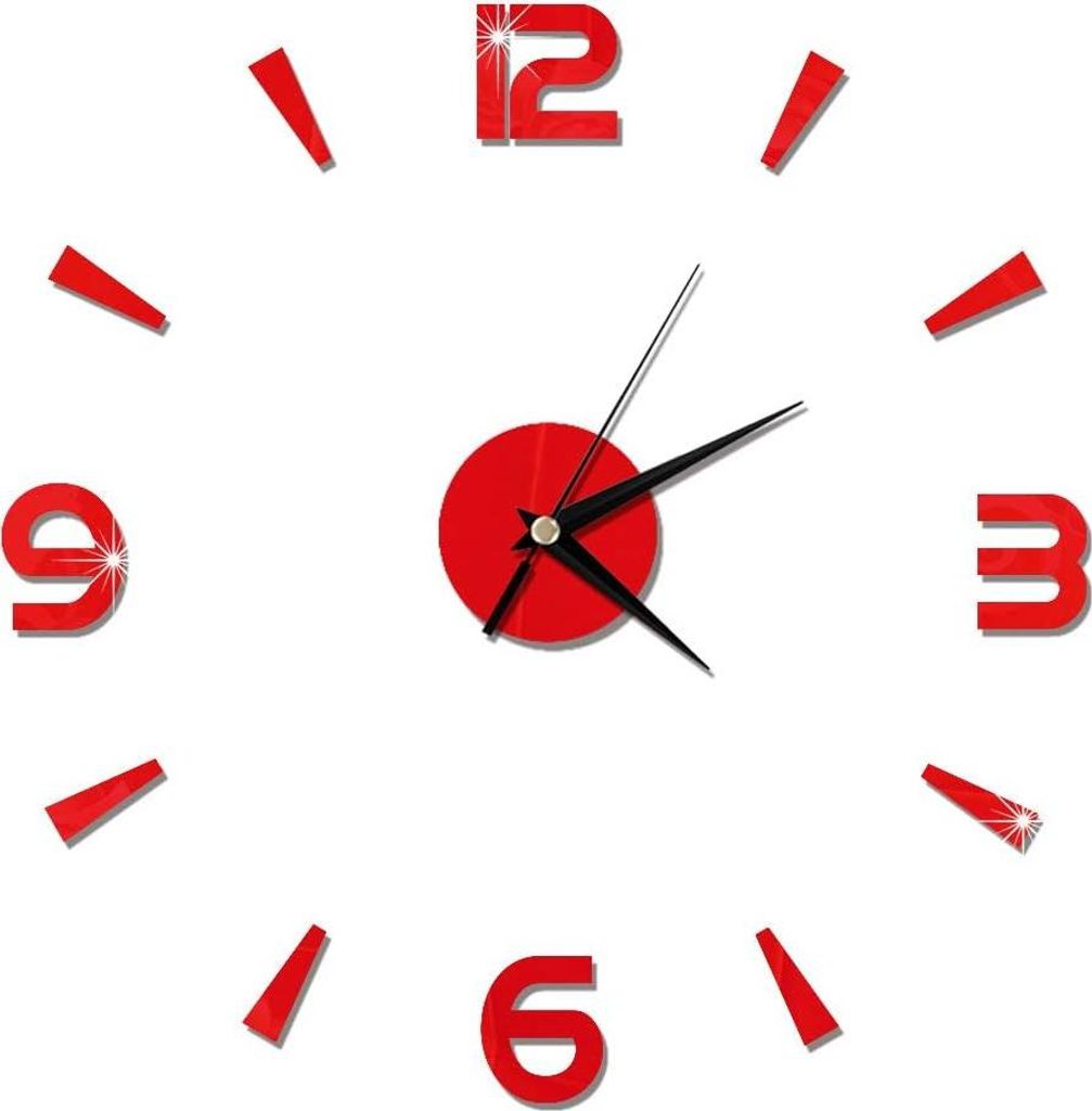 3D Moderne Stille Do-it-yourself Rahmenlose Große Wanduhr für Wohnzimmer Büro Nachbildung (Rot)
