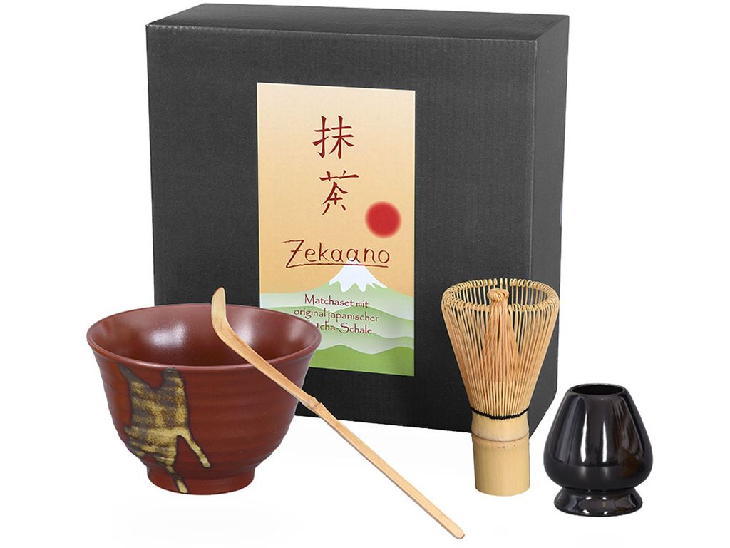 Matcha Set / Matchaset mit original japanischer Matcha Schale 350ml, rot/braun, mit Besen/Löffel/Halter in Geschenkbox