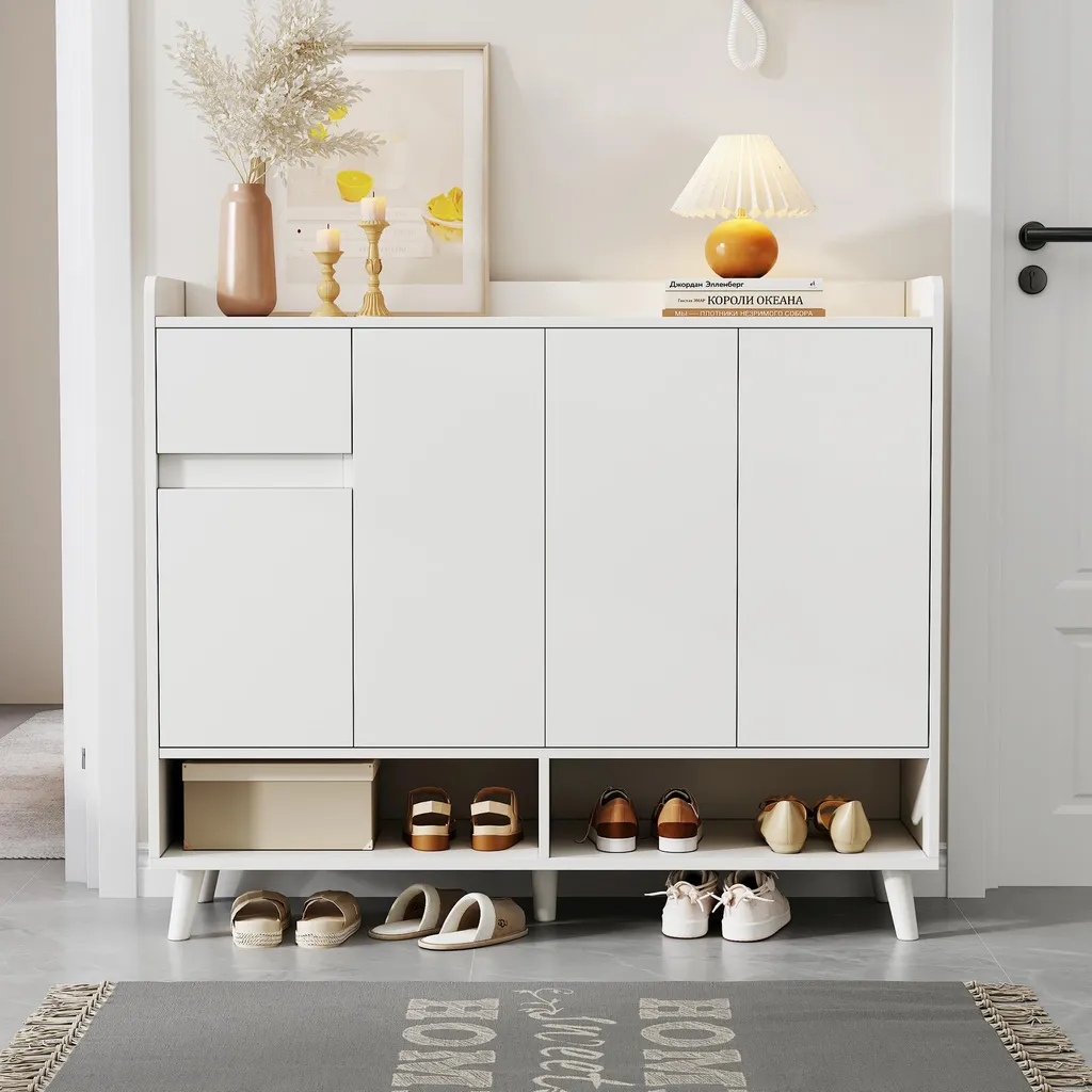 Buffet de Cuisine et Salon Blanc à 4 Portes et Étagères Amovibles 120 cm