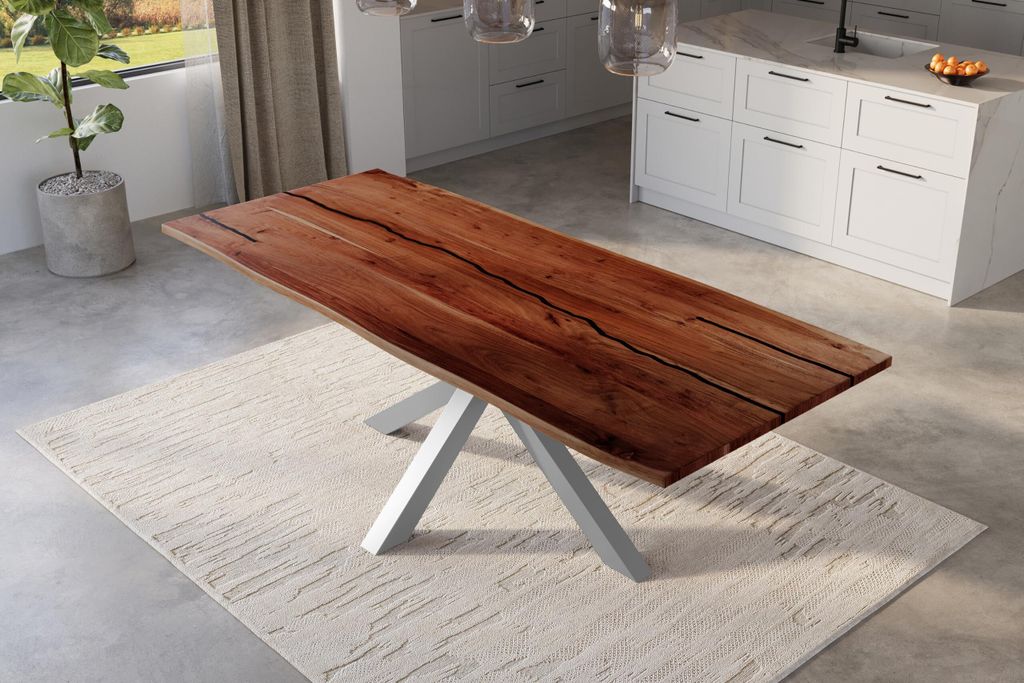 Baumkantentisch 300 x 100 cm Polly, Epoxidharz-Adern in Schwarz, Akazienholz massiv + nussbaumfarben, Esstisch mit Spider-Eisengestell Silber, Tisc...