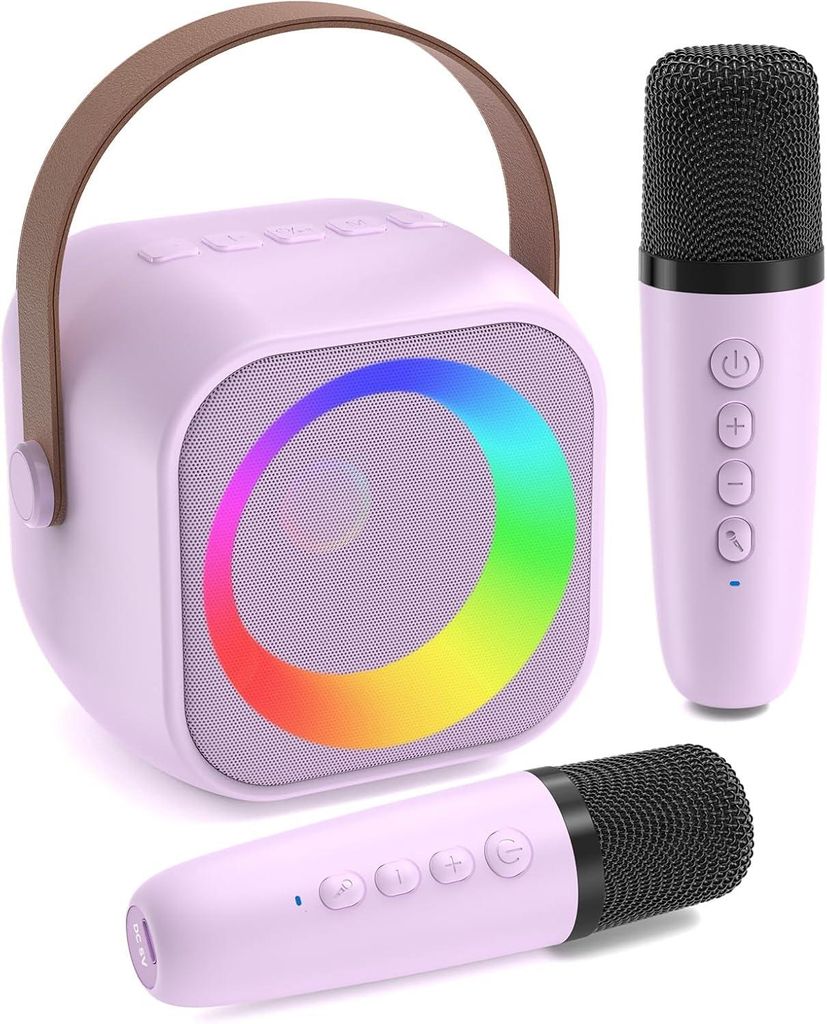 Tragbare Karaoke-Maschine, Bluetooth-Lautsprecher Karaoke-Maschine mit 2 kabellosen Mikrofonen, Weihnachtsgeschenke für Kinder und Teenager, Lila