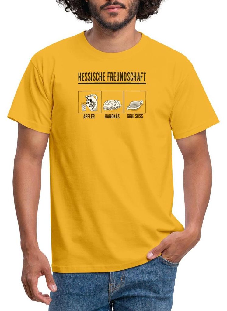 Spreadshirt Hessische Freundschaft Bembel Handkäs Grie Soß Männer T-Shirt, 4XL, Gelb