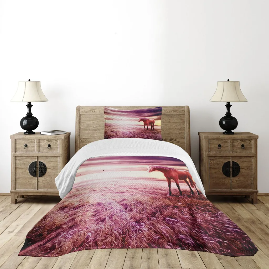 Set copriletto ABAKUHAUS Cavallo, tonalità pastello Scena romantica di un animale solitario su un prato sotto le nuvole, 170 x 220 cm, rosa essiccata magenta scuro